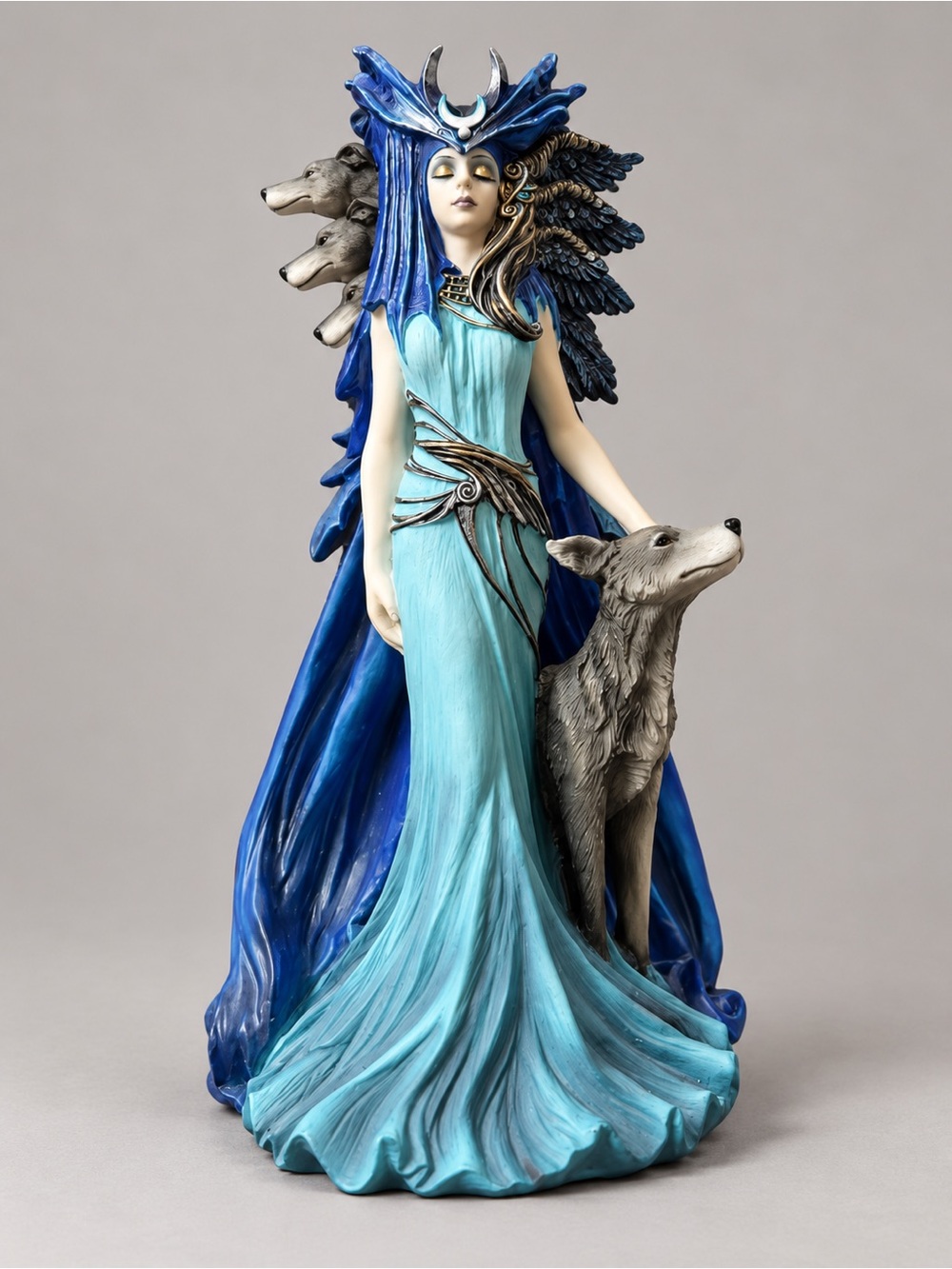 8” Hekate Blue Goddess Figurine with Wolf